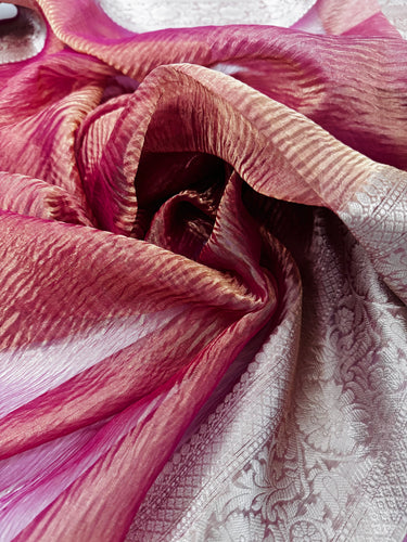 Banarasi Tissue Silk Saree | Metallic Onion Pink | Crushed Texture | Gold Zari | Handwoven | Ships from California